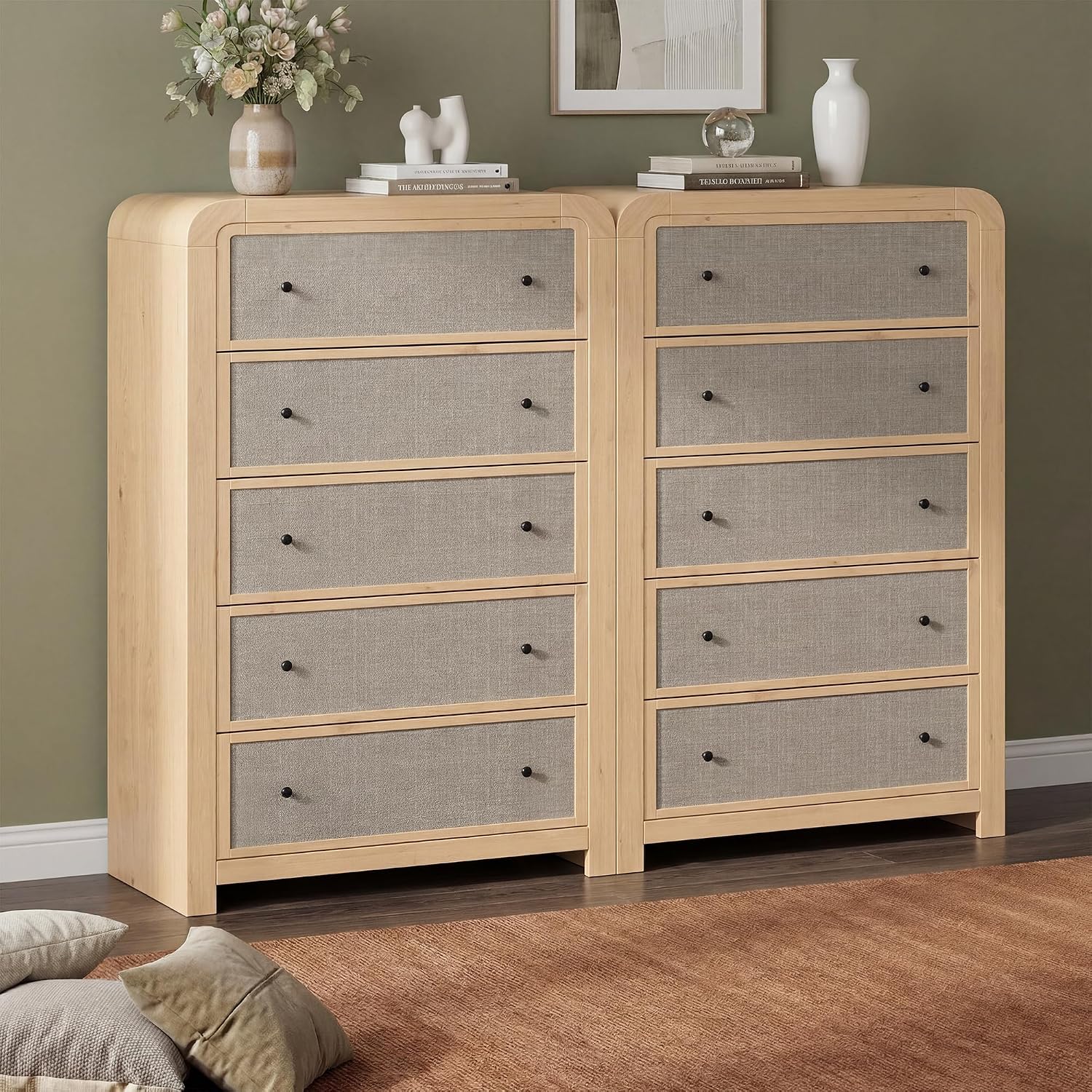 Garvee Tall 5-Drawer Dresser Chest for Bedroom, 47" Narrow Storage Organizer - Sturdy Wood Frame - Linen Drawer Fronts - Anti-Tip Kit, Log