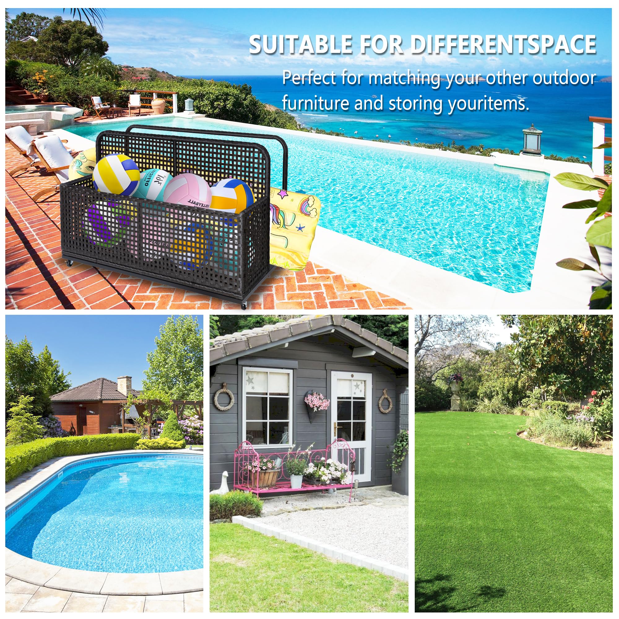 Lifestyle banner showing the storage basket in various outdoor settings.