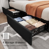 Garvee King Size Bed Frame with 4 Storage Drawers, Linen Upholstered Platform Bed Frame with Adjustable Headboard, Diamond Stitched Button Tufted, No Box Spring Needed, Black