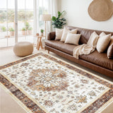 Garvee Large Living Room Area Rug 10x13 Washable Vintage Floral Soft Non Slip Brown White - Brown