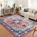 Garvee Boho Vintage Medallion Area Rug - 5x7 Washable Floral Print Rug, Easy-Cleaning, Low-Pile, Non-Shedding, Non-Slip Soft Accent Carpet for Dining Room, Home Office, Bedroom, Entryway - Red