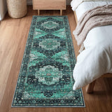 Garvee Persian Green 2x6 Area Machine Washable Vintage Printed Soft Low Pile Rugs, Oriental Accent Carpet with Non-Slip Backing, Stain-Resistant Distressed Floor Carpet for Living Room, Hallway, Laundry - Green
