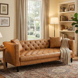 Garvee Modern PU Leather Couch for Living Room, 81" Chesterfield Sofa with Deep Seats and 2 Pillows, 3 Seater Sofa with Button Tufted, Sleeper Sofa for Apartment, Office, Brown - Orange | 81.1"L