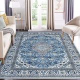 Garvee Oriental Blue 6x9 Area Vintage Machine Washable Area Rug Non Slip Non Shedding Distressed Throw Rug Low Pile Indoor Carpet for Bedroom Living Room - Blue