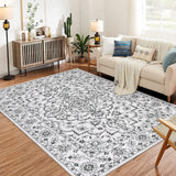 Garvee Machine Washable 9x12 Area Rug for Living Room, 9x12 Ultra-Thin Large Floral Print Rugs for Dining Room Home Office, Stain Resistant Non Slip Backing Carpet, Dark Grey - Dark Gray