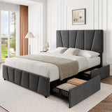 Garvee Full Size Bed Frame with Adjustable Headboard, 4 Storage Drawers, Velvet Upholstery, Wooden Slats, Noise-Free, Dark Grey - Grey