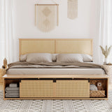 Garvee Natural Rattan Queen Size Bed Frame with Sliding Barn Door Storage Cabinets and LED Light Headboard, Boho Farmhouse Wood Platform Bed with Solid Wood Legs Support, No Box Spring Needed - Natural