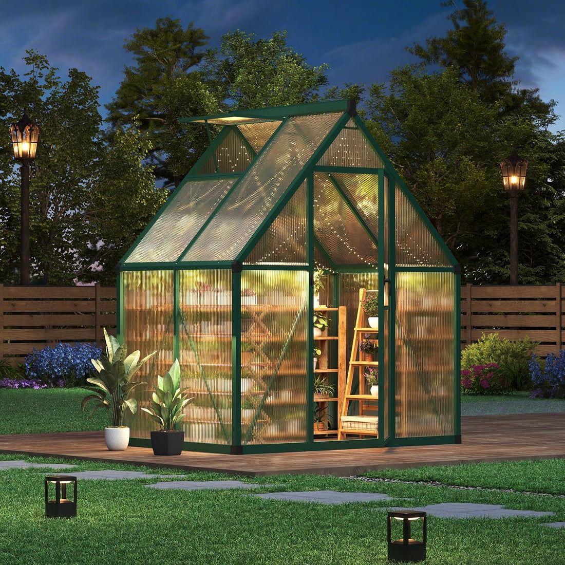 Garvee Heavy Duty 6x4 FT Walk-In Polycarbonate Greenhouse – Reinforced Aluminum Frame, Double Swing Doors, Quick Setup, Roof Ventilation – Ideal for Garden Plants and Year-Round Growing – Green
