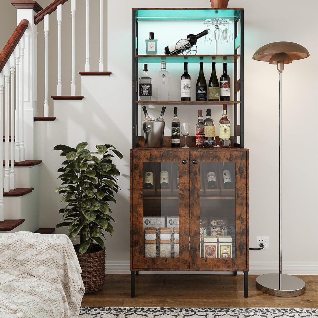 Garvee 67" Tall Kitchen Pantry Bar Cabinet with Tempered Glass Doors, LED Lights and Power Outlets, Brown