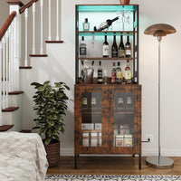 Garvee 67" Tall Kitchen Pantry Bar Cabinet with Tempered Glass Doors, LED Lights and Power Outlets, Brown