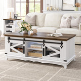 Garvee Farmhouse Coffee Table with Storage 48'' Center Table Industrial Cocktail Table with Sliding Barn Doors Modern Rectangular Living Room Table Rustic Coffee Table with Adjustable Shelves