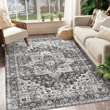 Garvee Machine Washable Area Rug 5x7 Vintage Distressed Area Rug for Living Room Bedroom Traditional Medallion Floral Non-Slip Stain Resistant Accent Rug Carpet for Home Decoration, Grey - Gray
