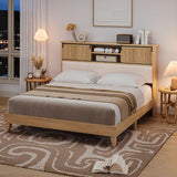 Garvee Rattan King Bed Frame with Sliding Door Shelf Headboard, Bohemian Rattan Bed Frame King Size with Shelves, Solid Wood Foundation with Silent Slats, No Box Spring Needed, Natural - Natural