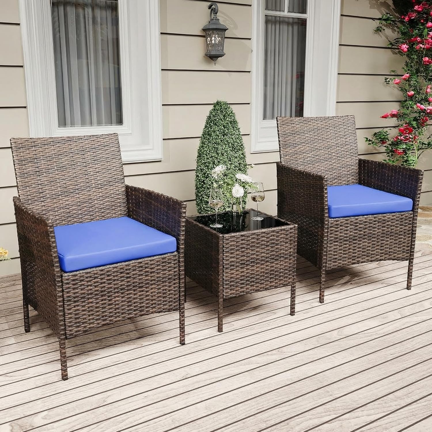 Garvee Patio Porch Furniture Sets 3 Pieces PE Rattan Wicker Chairs with Table Outdoor Garden Furniture Sets