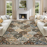 Garvee Floral 9x12 Taupe and Brown Area Rug Large Machine Washable Rug for Living Room Moroccan Trellis Accent Rug Stain Resistant Non-Slip Carpet Farmhouse Distressed Floral Floor Cover for Home Decor - Taupe/Brown
