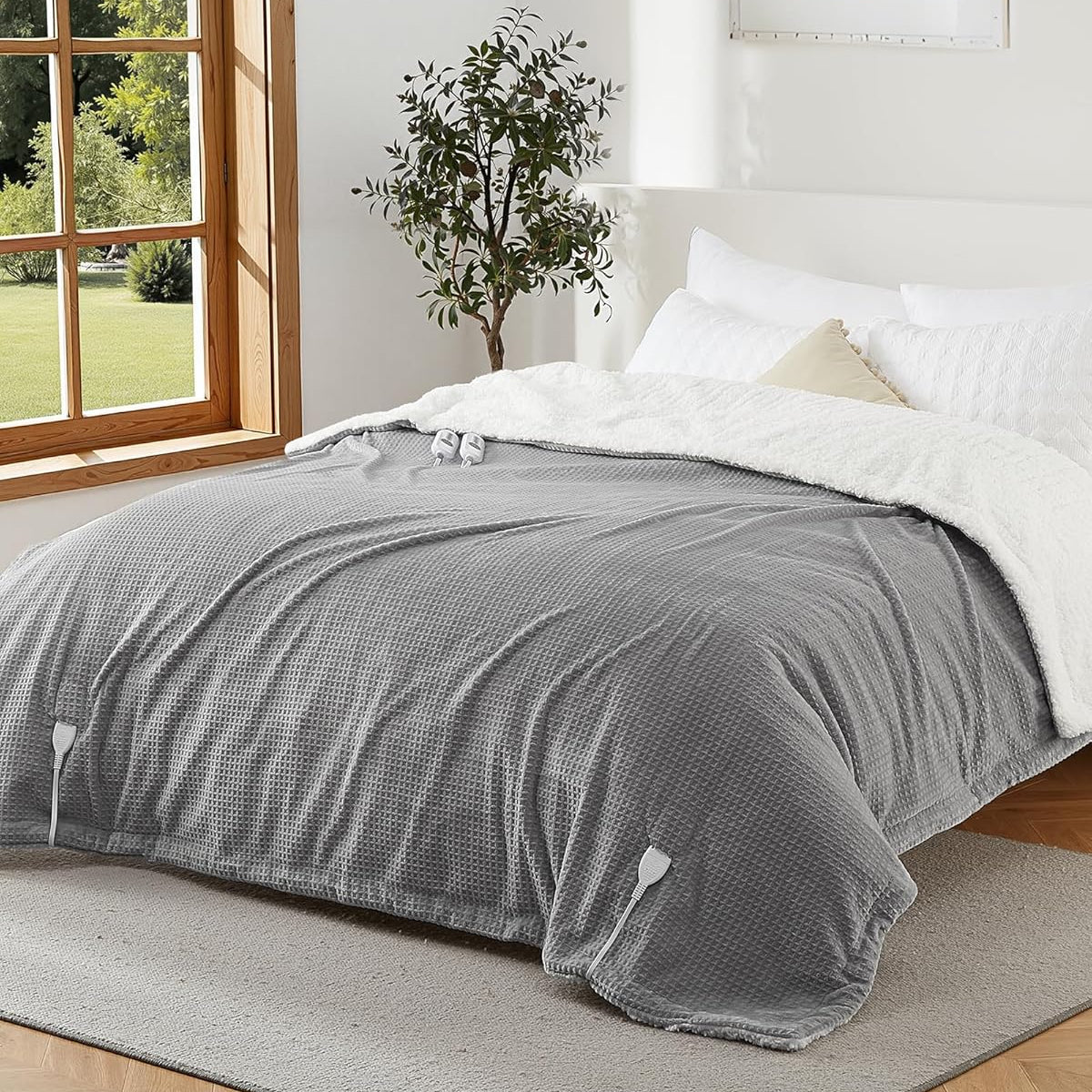 Garvee Heated Blanket Queen Size with Dual Control, Waffle Electric Blankets with ETL Certified, Soft Flannel Heating Blanket, 4 Heating Levels, 10 Hours Auto Off, Grey, 84"x90"