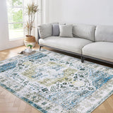 Garvee Area Rug 10x13 Washable Rug for Living Room Vintage Oriental Medallion Rug Low Pile Ultra Thin Rug Stain Resistant Accent Rug for Bedroom Home Decor, Blue Multi - Blue Multi