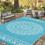 Garvee Outdoor Light Blue & White 5x8 Reversible Mats Medallion Plastic Straw Rug for Patio Waterproof Camping Rug for RV Camping Beach Deck Picnic Backyard Camping Porch Easy Cleaning Floor Mat - Light Blue & White