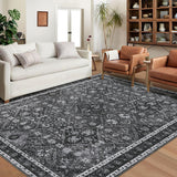 Garvee Area Rug 9x12 Washable Rug Gray Vintage Rug Traditional Mat Distressed Indoor Foldable Thin Rug Retro Accent Rug Floral Print Rug Non Slip Carpet Living Room Dining Room Office - Gray