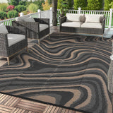 Garvee 10' x 20' Extra Large Black Coffee Outdoor Rug, Waterproof Reversible Plastic Straw RV Awning Mat, Abstract Wave Design for Patio, Deck & Camping - Black Coffee