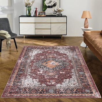 Garvee 9x12 Rug Washable Rugs Vintage Carpet Throw Rugs Blue Rug for Living Room Rug Oriental Distressed Area Rug for Bedroom Rug Boho Rug Low Pile Office Rug Medallion Floor Cover Red