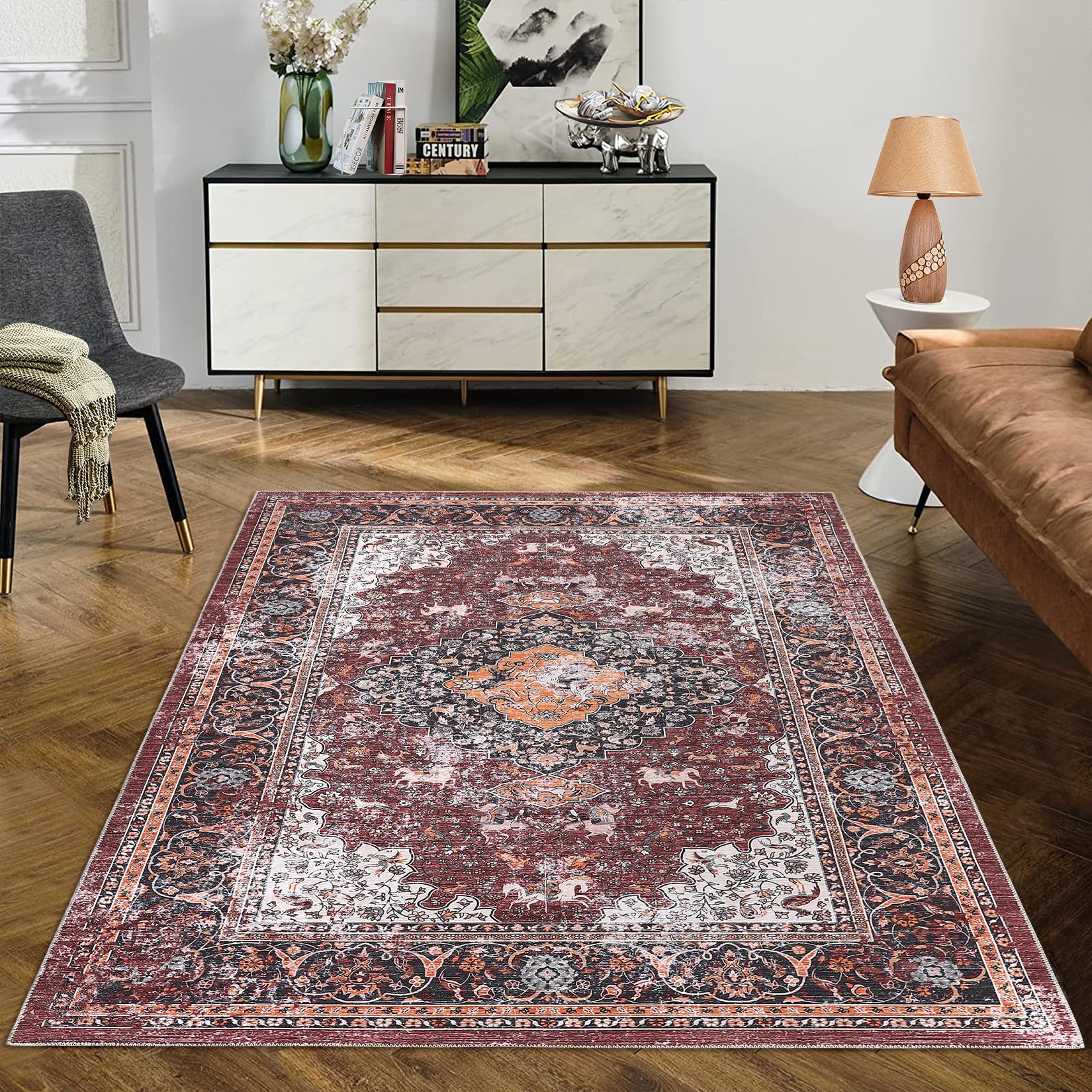 Garvee Area Rugs 4x6 Rug Washable Rugs Oriental Distressed Carpet Throw Rugs Washable Rug for Living Room Rug Vintage Area Rug for Bedroom Low Pile Office Rug Medallion Floor Cover Red