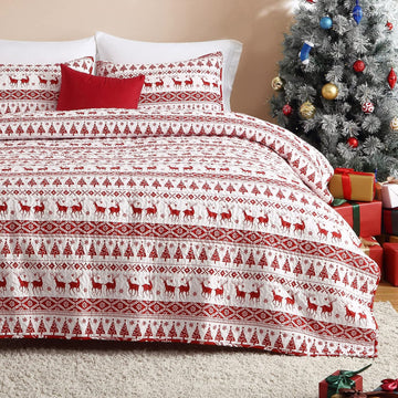 Garvee Christmas Quilt Set King Size - Boho Reversible Bedspread Coverlet Set with Christmas Tree Reindeer Snowflakes Printed Pattern, Soft Lightweight Bohemian Quilt Bedding Cover Set King