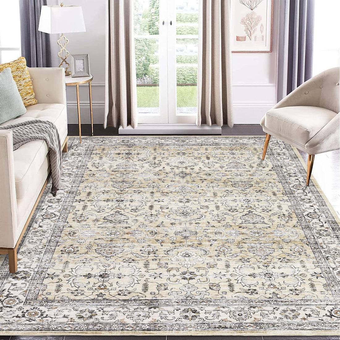 Garvee Camel Large Area Rug 10x13 Vintage Washable Area Rugs for Living Room Oriental Distressed Accent Rug Non-Slip Backing Soft Carpet Low Pile Non-Shedding Foldable Rug for Bedroom Office