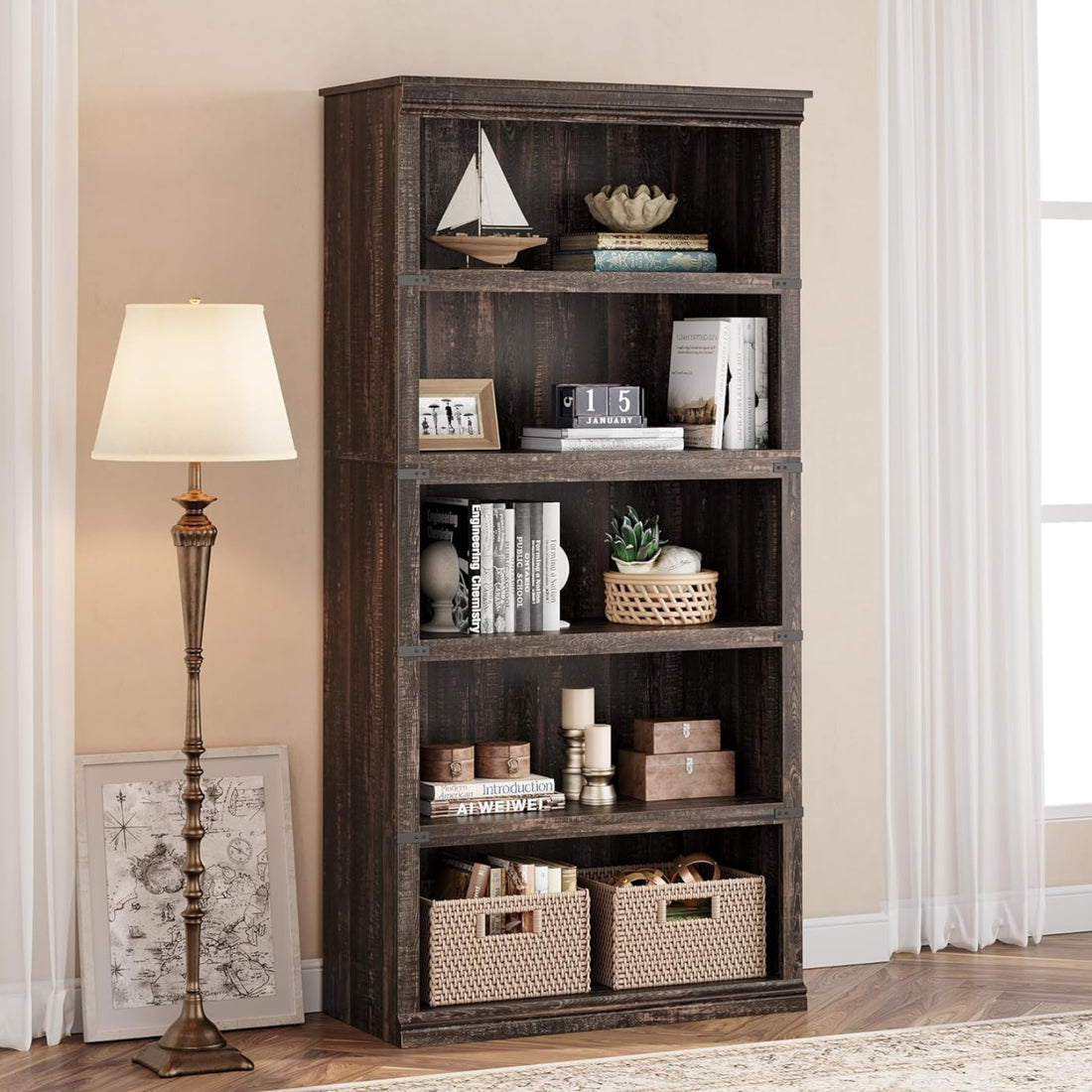 Garvee 5 Tier Bookcase, Farmhouse Book Shelf with Storage Open Display Bookshelves, 67.4" Tall Book Case Wooden 5 Shelf Bookcase Home Decor Furniture for Home Office, Living Room, Bed Room, Oak