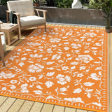 Garvee 5x8 Outdoor Rug for RV, Waterproof Reversible Floral Plastic Straw Rug with Carry Bag, Portable Patio Camping Mat for Deck, Balcony, Beach & Backyard, Vintage Orange - Orange
