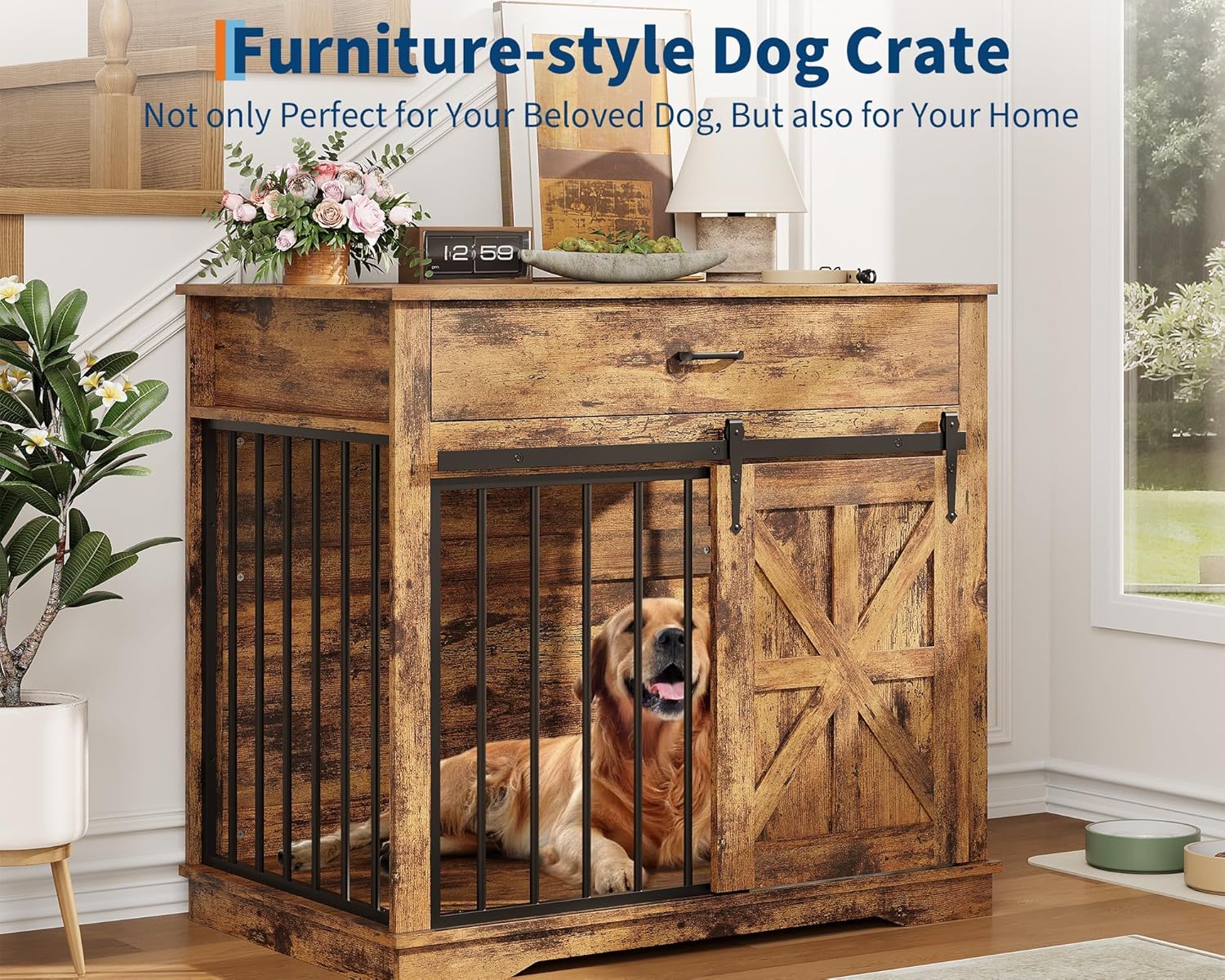 Garvee 37.8"W Dog Crate Furniture for Small/Medium Dogs, 2-in-1 Iron-Wood Fusion Dog Cage Indoor As Side End Table, Farmhouse Dogs Kennel with Sliding Barn Doors & Storage Drawer, Brown