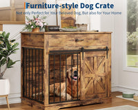 Garvee 37.8"W Dog Crate Furniture for Small/Medium Dogs, 2-in-1 Iron-Wood Fusion Dog Cage Indoor As Side End Table, Farmhouse Dogs Kennel with Sliding Barn Doors & Storage Drawer, Brown