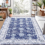 Garvee Oriental Navy 8x10 Vintage Distressed Floral Medallion Rug, Washable Non-Slip Stain Resistant Traditional for Living Bedroom - Navy Blue