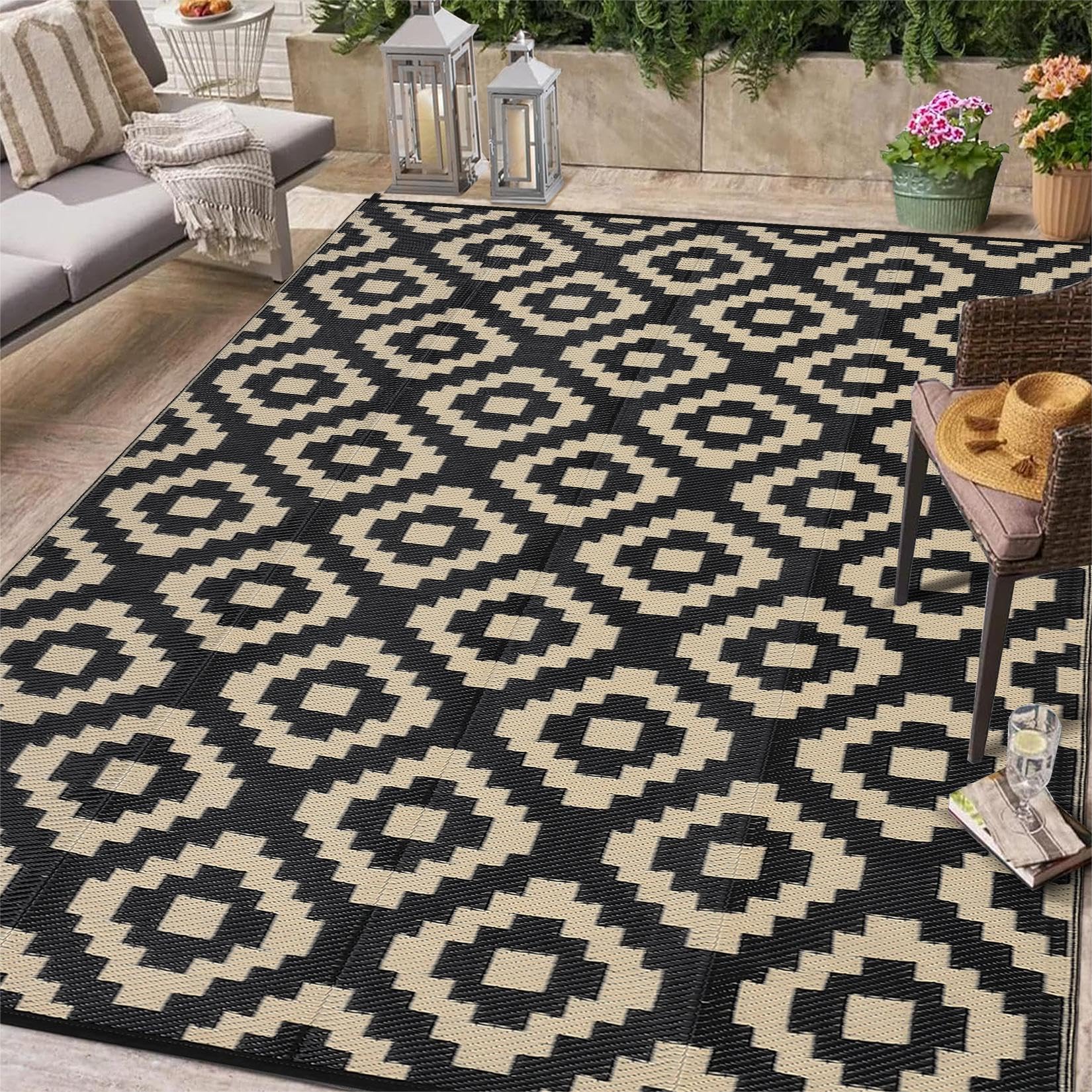 9x12 black and beige geometric outdoor rug, waterproof and UV-resistant, reversible design.