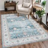 Garvee Large Area Rug 8x10 Machine Washable Rug Distressed Area Rugs Indoor Floor Cover Carpet Rug Soft Velvet Mat Foldable Accent Rug for Living Room Bedroom Dining Room, 8' x 10', Blue - Green