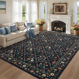 Garvee 8x10 Washable Large Living Room Rug Water Resistant Floral Non Slip Low Pile Soft Navy & Black - Navy Blue/Black