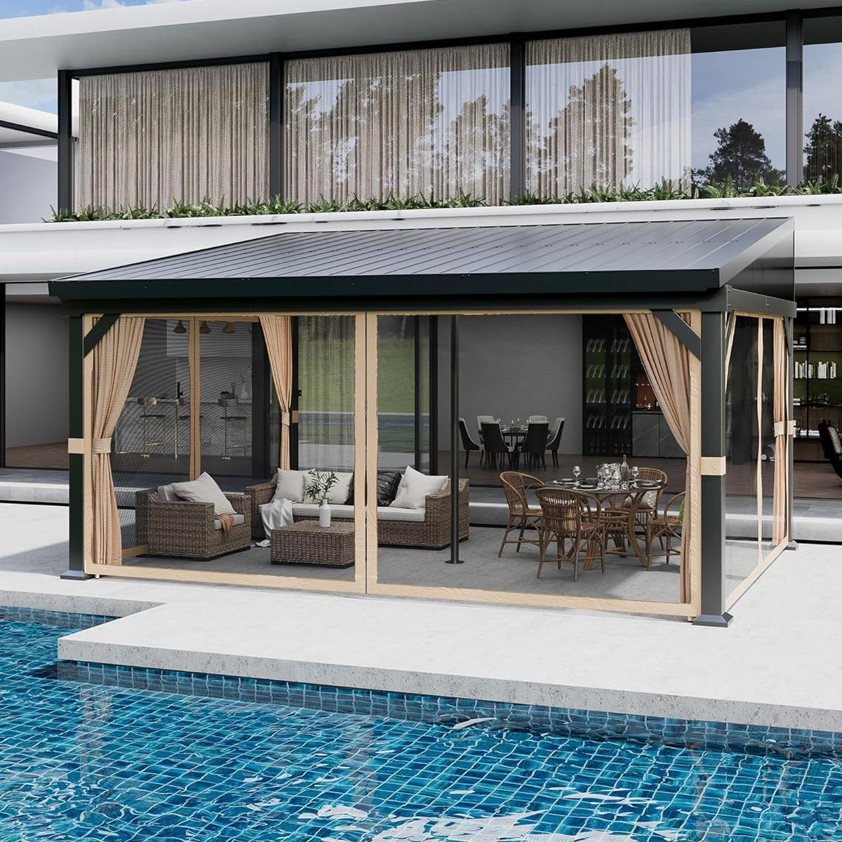 Garvee 10'x14' Wall-Mounted Lean-To Gazebo with Galvanized Steel Roof, Gutters, Sliding Netting & Curtains, Rust-Resistant Frame, UV Protection, Patio & Garden