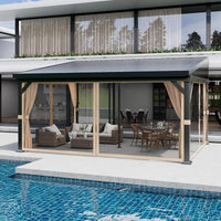 Garvee 10'x14' Wall-Mounted Lean-To Gazebo with Galvanized Steel Roof, Gutters, Sliding Netting & Curtains, Rust-Resistant Frame, UV Protection, Patio & Garden