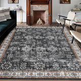 Garvee 8*10ft Vintage Area Rug - Washable Stain Resistant, Traditional Distressed Mat, Retro Floral Print, Foldable Thin Accent Rug, Non-Slip Carpet for Living Room Dining Room Office. Black Tone - Black