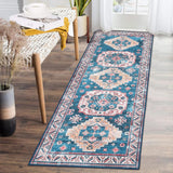 Garvee Farmhouse Vintage Area Rug 2x3 Oriental Distressed Small Entryway Rug Doormat Boho Tribal Area Rugs Non-Slip Washable Floor Carpet for Indoor Front Entrance Kitchen Bathroom 2'x3' Blue/Fuchsia - Navy Blue