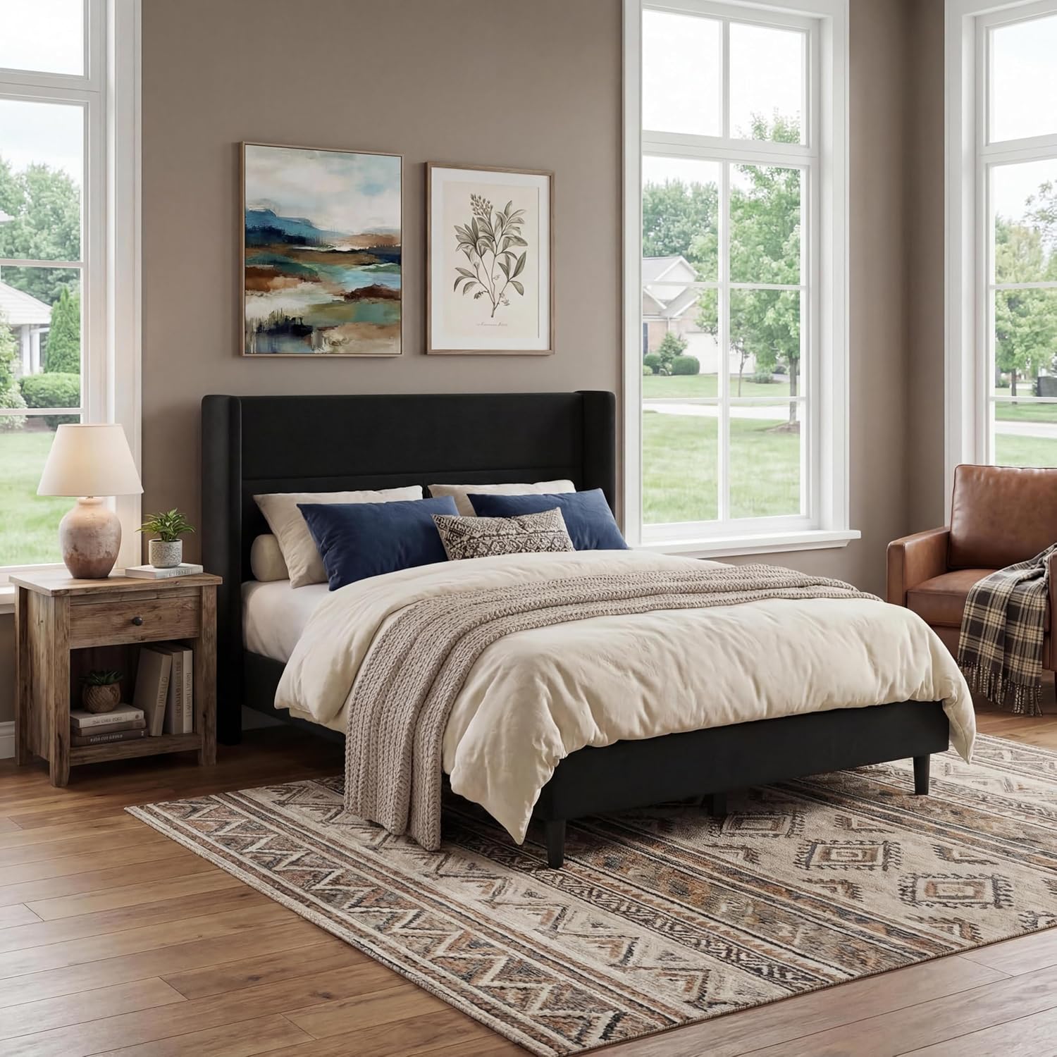 Garvee Full Bed Frame with Wingback Headboard, Velvet Upholstered Platform Bedframe with Sturdy Wooden Slats Support Full Size, No Box Spring Needed, Easy Assembly, Black