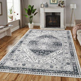 Garvee Boho Area Rug 4x6 Non Slip Grey Rugs Washable Vintage Floor Carpet Low Pile Oriental Indoor Rugs No-Shedding & Foldable Medallion Printed Rugs for Kitchen Living Room Nursery Playroom - Gray