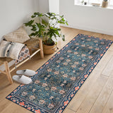 Garvee Area Rug Vintage Floral Carpet Machine Washable Non-Slip Low Pile Blue 2x6Ft for Living Room Bedroom Dining Farmhouse - Blue