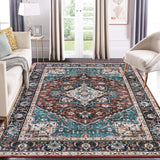 Garvee Washable Rug 8x10 Large Area Rug Indoor Soft Medallion Rug Vintage Floral Throw Carpet Non-Slip Low Pile Accent Rug Traditional Non-Shedding Boho Rugs Living Room Bedroom Home Office Brown - Brown