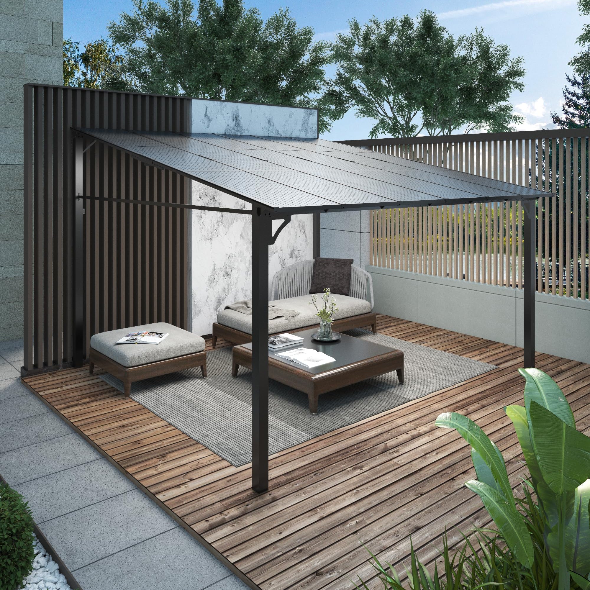 Garvee 10'x12' Lean-To Hardtop Gazebo - Aluminum Frame Wall Pergola fo