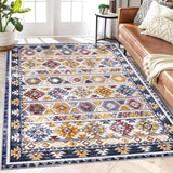 Garvee Living Room Rug 5x7 Bohemian Area Rugs for Bedroom Dining Room Low Pile Washable Rugs for Office Vintage Area Rugs South Western Farmhouse Carpet Non Slip Floor Cover Blue - Blue