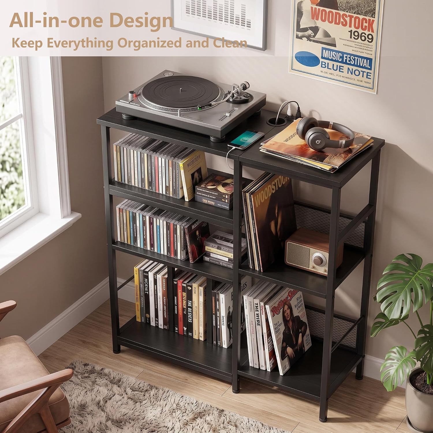 Garvee 4-Tier Large Record Player Stand & Media Console for Living Room - Holds 300+ Vinyl Records, Fits 7/10/12 in vinyl records - Color: Black