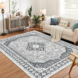 Garvee Washable Area Rugs for Living Room, 8x10 Stain Resistant No Slip Large Area Rug, Ultra-Thin Vintage Moroccan Soft Carpet for Bedroom Dining Room, Black Grey - Gray
