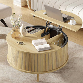 Garvee 31.5 in Round Lift Top Coffee Table with Storage, Fluted Drum Wood Center Table with Hidden Cabinets, Modern Farmhouse/Mid-Century for Living Room & Small Spaces - Color: Natural Wood