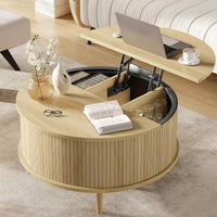 Garvee 31.5 in Round Lift Top Coffee Table with Storage, Fluted Drum Wood Center Table with Hidden Cabinets, Modern Farmhouse/Mid-Century for Living Room & Small Spaces - Color: Natural Wood